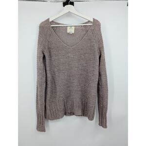 Aerie V-Neck Open Weave Long Sleeve Pull Over Sweater Women's Large Tan